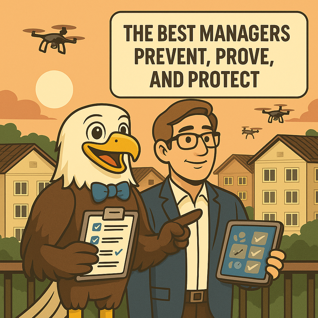 Illustration of an eagle mascot standing beside a property manager holding a tablet, with text reading “The Best Managers Prevent, Prove, and Protect.”