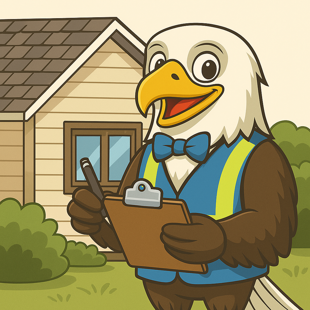 Illustration of an eagle mascot holding a clipboard in front of a residential home, representing inspection documentation and property assessment.