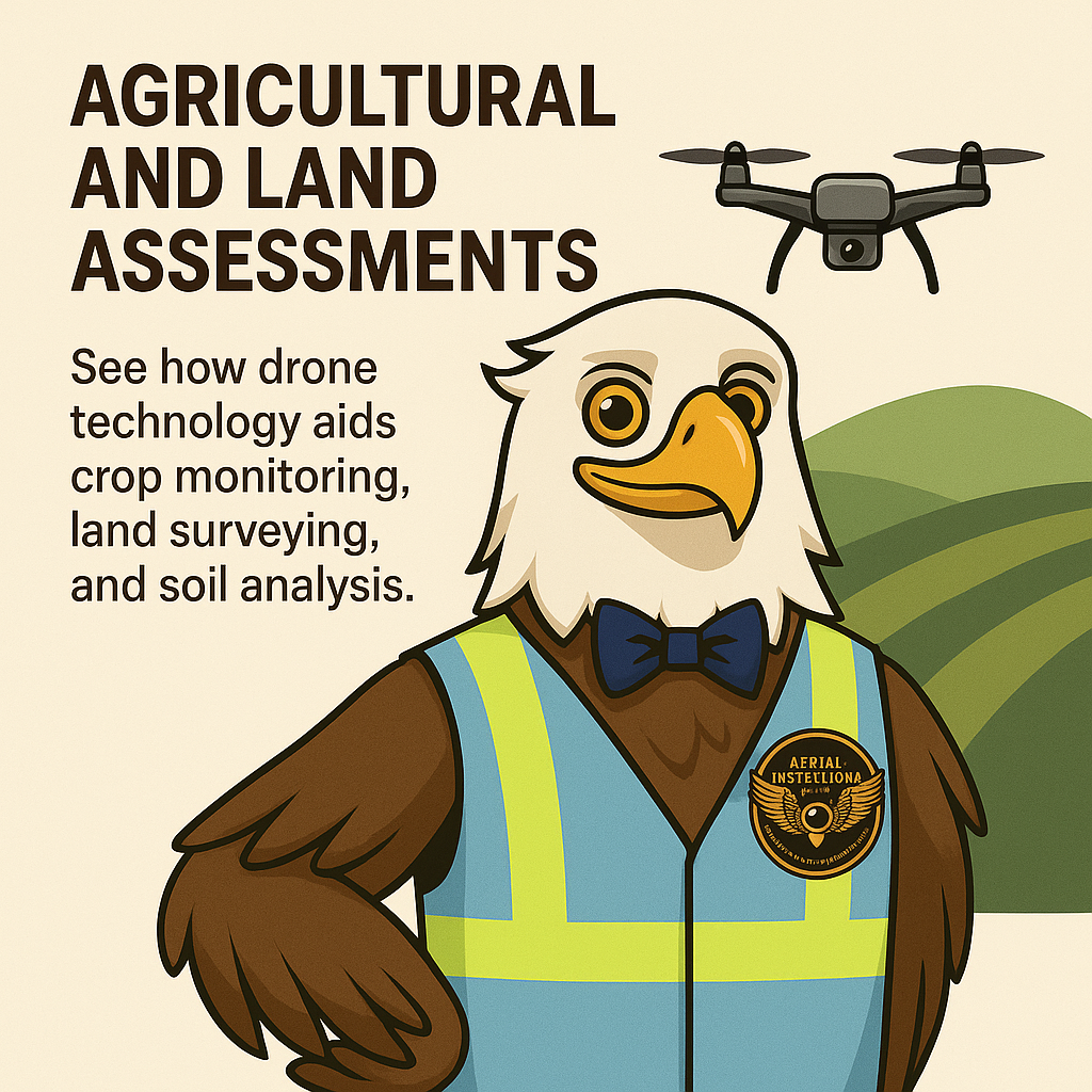 Illustration of an eagle mascot wearing a safety vest with a drone flying overhead, representing agricultural and land assessments using aerial technology.
