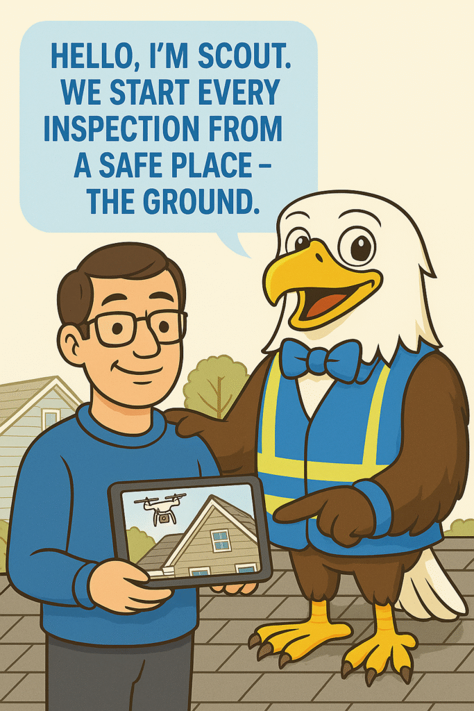 Illustration of an eagle mascot named Scout standing beside a person holding a tablet, explaining that inspections begin safely from the ground.